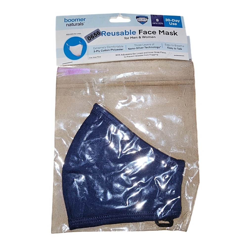 Boomer Naturals Reusable Face Mask Navy Blue Small 3-Ply Nano-Silver  #656